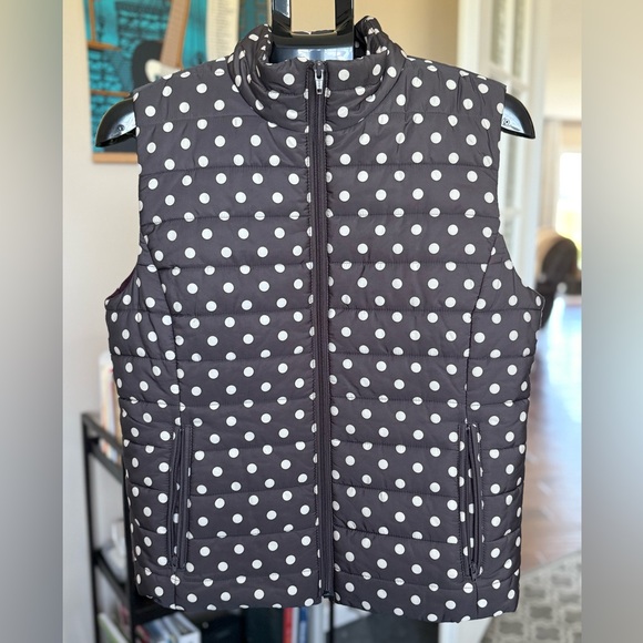 LOFT Brown and Burgundy Polka Dot Puffer Vest – Size Large - Picture 1 of 8